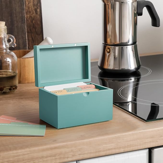 DRASTAR Index Card Holder, 3x5 Index Card Box, Wooden Index Card Organizer with 45 Index Card Dividers, Flashcard Notecard Holders for Home Office, Teal