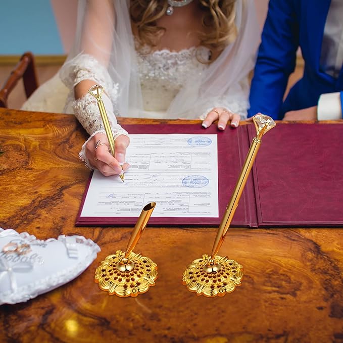 Outus 2 Pieces Gold Wedding Pens for Guest Book Signing Diamond Pen with Hollow Round Holder Stand Set for Wedding Bridal Engagement Reception Supplies