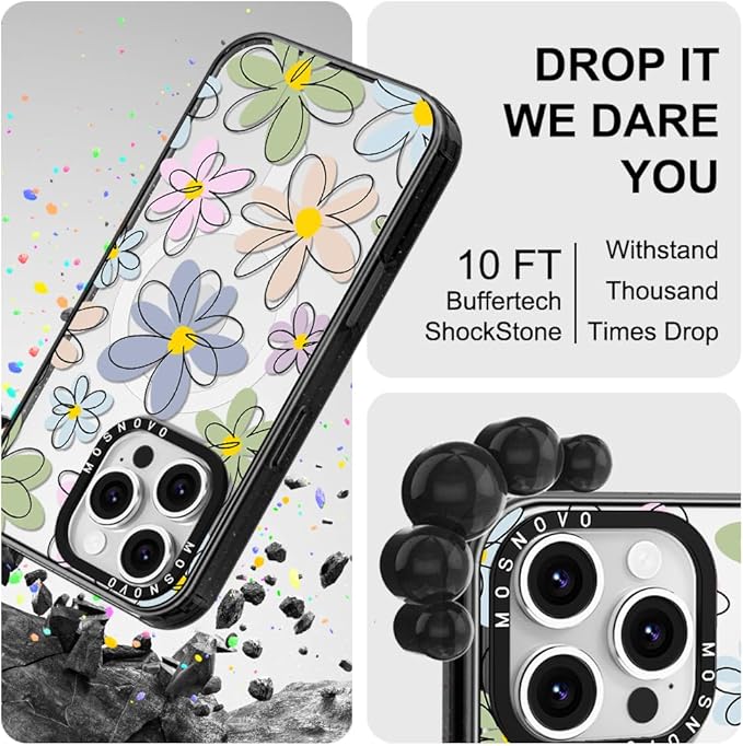 MOSNOVO Magnetic Case for iPhone 16 Pro, 10ft Military-Grade Protection, Compatible with Magsafe, Shockproof Phone Case for iPhone 16 Pro - Linear Blooms - Clear Black