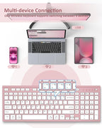 FENIFOX Wireless Keyboard, Bluetooth + USB Ergonomic Silent Quiet Rechargeable with Number Pad Cute Compact Full Size Multi Device Keyboards for iPad Tablet Mac Computer Surface PC MacBook Laptop Pink