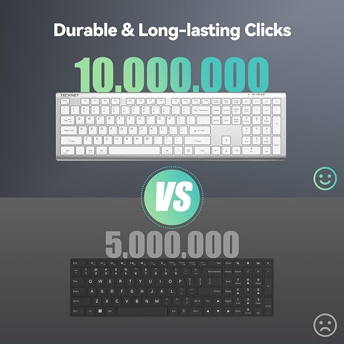 TECKNET Bluetooth Keyboard Rechargeable, 4-Device Free Switching (2.4G+BT), Ultra-Slim Full Size Wireless Keyboard, Quiet Typing, for PC/Laptop/Smart TV/Phone, Adjustable Stand, 12 Multimedia Keys