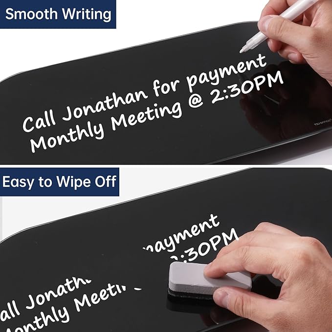 TSJ OFFICE Glass Desktop Whiteboard - 17 X 7 Inches Small Dry Erase Board with Pink Light, Glass White Board Surface Notepad with 1 Drawer, Desk Organizers for Office, Home, School Supplies (Black)