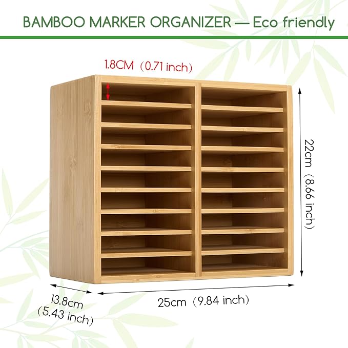MEEDEN Bamboo Marker Holder Organizer: Holds 126 Pens with 18 Compartments- Art Supply Storage & Holder for Alcohol Markers，Pens，Pencils