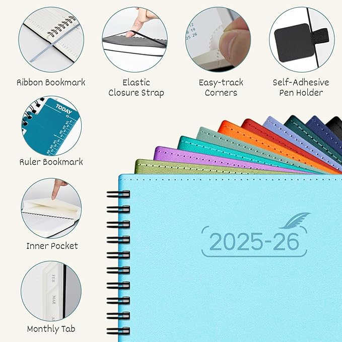 BEZEND Planner 2025-2026 Weekly and Monthly, 8.5" x 11" Academic Calendar (Jul 25-Dec 26) Vertical Daily Appointment with Hourly Timeslot & Monthly Tab, Spiral, PU Leather Softcover - Sky Blue