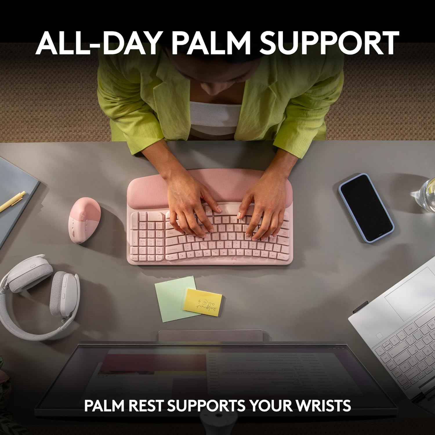 Logitech Wave Keys Wireless Ergonomic Keyboard with Cushioned Palm Rest, Comfortable Natural Typing, Easy-Switch, Bluetooth, Logi Bolt Receiver, for Multi-OS, Windows/Mac - Rose