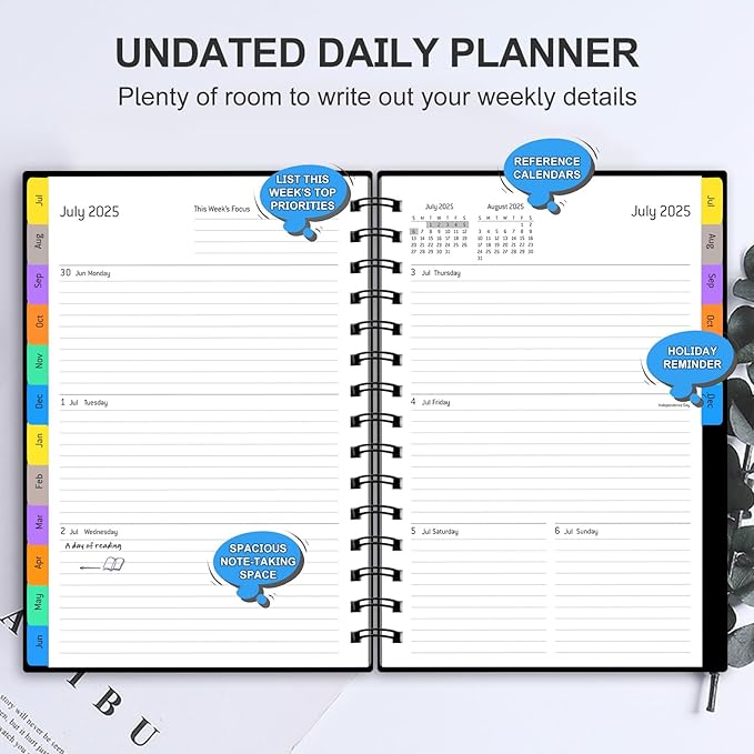Daily Planner 2025-2026, July 2025 - December 2026, Yearly Monthly Weekly Daily Academic Calendar Planner, 18 Month with Tabs, Time Management Manual, 100GSM Thick Paper, A5 Size, Black