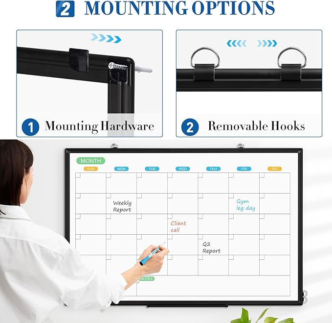 WALGLASS Dry Erase Calendar Whiteboard for Wall, 24" x 18" Double-Sided Monthly Calendar White Board with Black Aluminum Frame, Hanging or Wall Mount Dry Erase Whiteboard for Home, Office, School