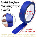 Blue Painters Tape, Masking Tapes, Premium Painter's Tape (88yd=4Rolls*0.94in*22yd), Adhesive Paint Tape for Wall Painting, DIY Artist Craft Arts, Decoration, Drafting, No Residue,Easy Removal