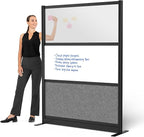Stand Up Desk Store Workflow Wide Modular Wall | 53'' x 70'' Wall | Expandable Partition Room Divider with Rearrangeable Frosted Acrylic, Sound Absorbent and Whiteboard Panels (Black Frame)