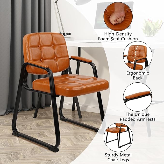 CLATINA Office Guest Chair, Leather Reception Chairs with Padded Arms, Desk Chair No Wheels Stationary for Conference Lobby Waiting Room Training Side Elderly, Set of 8-Orange