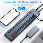 Powered USB Hub 10Gbps, 17 Ports 96W USB 3.2 Hub(10 USB-A 3.2 Ports+3 QC 24W Fast Charging Ports+2 USB-C 3.2 Ports+SD/TF Card Reader), 12V/8A Power Adapter for Laptop, PC, Computer, HDD,Flash Drive