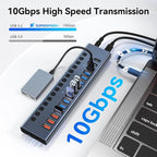 Powered USB Hub 10Gbps, 17 Ports 96W USB 3.2 Hub(10 USB-A 3.2 Ports+3 QC 24W Fast Charging Ports+2 USB-C 3.2 Ports+SD/TF Card Reader), 12V/8A Power Adapter for Laptop, PC, Computer, HDD,Flash Drive