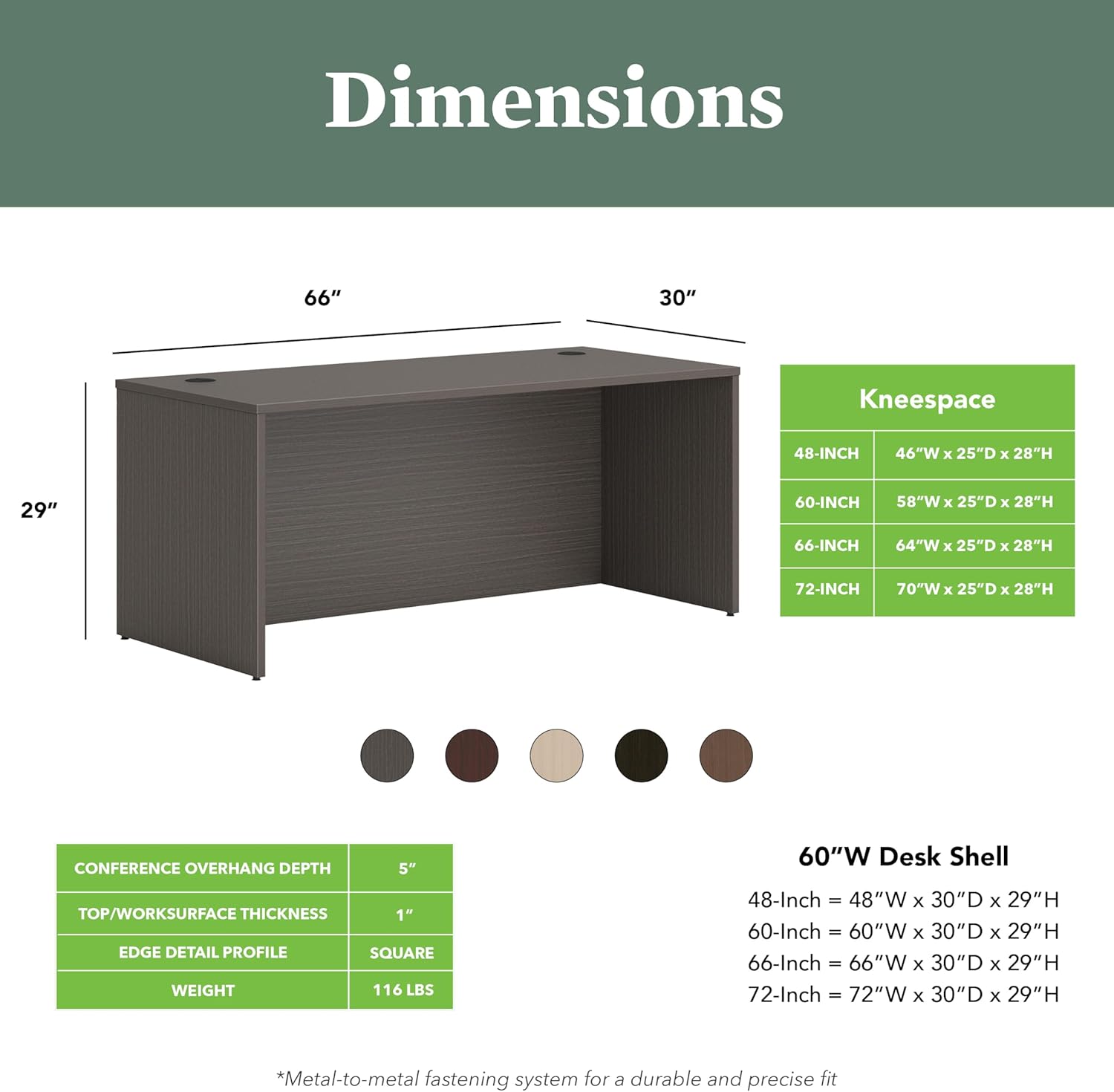 HON MOD Executive Desk 66-Inch Large Computer Desk Shell, Thick Wooden Laminate, Modern Table with Cord Management, 66" W x 30" D x 29" H, Slate Teak