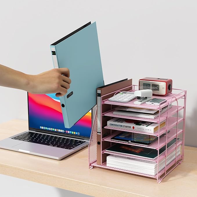 gianotter Desk Organizers and Accessories, 6-Tier Paper Organizer with Magazine rack, File Organizer for Desk, Desk Organizers for Women, Pink Office Decor (Pink)