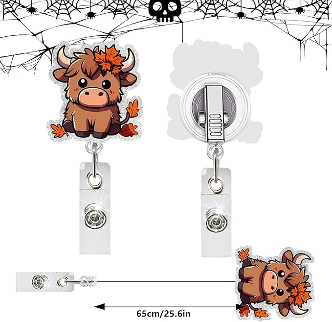 Cow Badge Reel Retractable ID Name Holder Alligator Clip DIY Crafts Halloween Cute Highland Cow Badge Reels Acrylic ID Clip for Nursing Nurse Teacher Student Badge Clip Decor