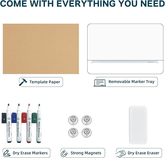 J&J worldwide Glass Dry Erase Board 6' x 3', Glass Whiteboard Magnetic, Large Frameless Glass White Boards for Walls, Includes Magnets, Marker Tray, Eraser for Office, Home, School