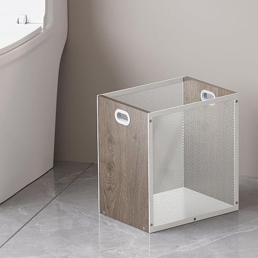 Office Trash Can, Rectangular Kitchen Garbage Can, Iron and Wood Combination Bathroom Trash Can, Modern Design Wastebasket Bin for Bathroom, Laundry Room, Kitchen, Kids' Room, Dorm(4.5 Gallon)