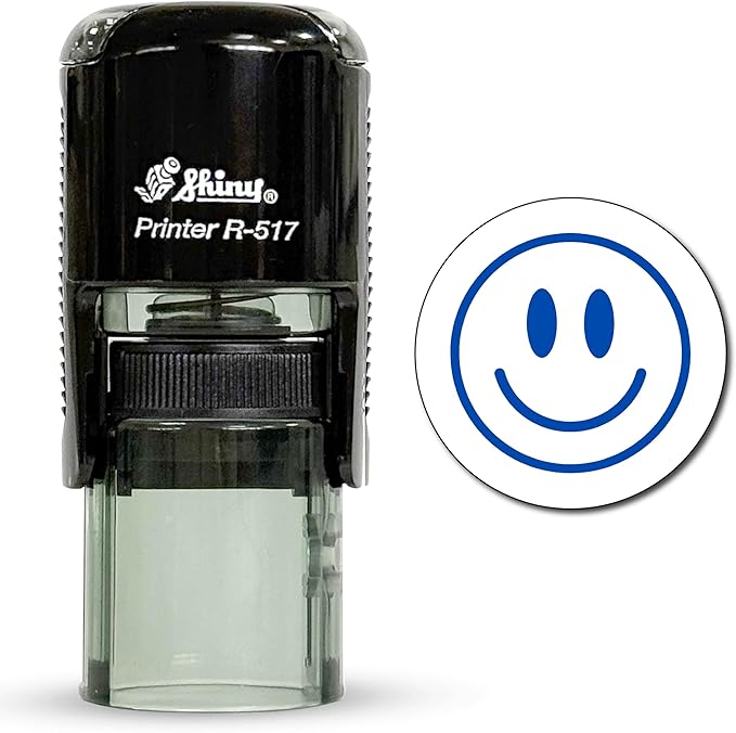 Shiny Smiley Face Teacher Stamp, Round Self Inking Stamp for Classroom, Blue Ink