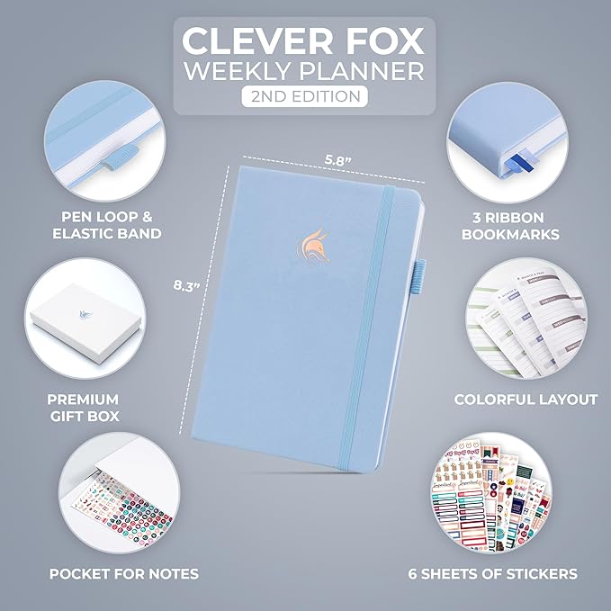 Clever Fox Planner 2nd Edition – Colorful Weekly & Monthly Goal Planner, Time Management & Productivity Organizer, Undated, A5 (Periwinkle)