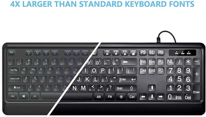 Large Print Backlit Keyboard, USB Wired Computer Keyboard, Full Size Keyboard with White Illuminated LED Compatible for Windows Desktop, Laptop, PC, Gaming, Black