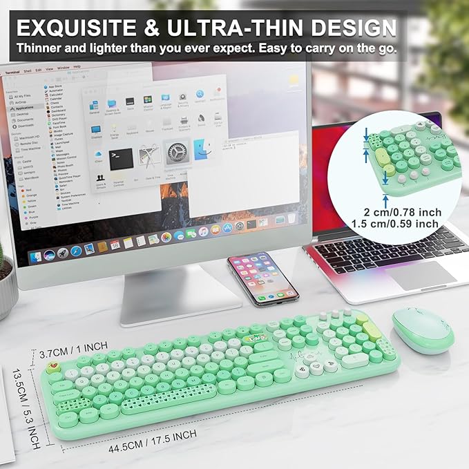 FOPETT Wireless Keyboard and Mouse Combo - 2.4G Full-Sized Cute Colorful Retro Keyboard with Round Keycaps 104 Keys Typewriter Keyboard for Laptop/Windows/PC-Green Colorful