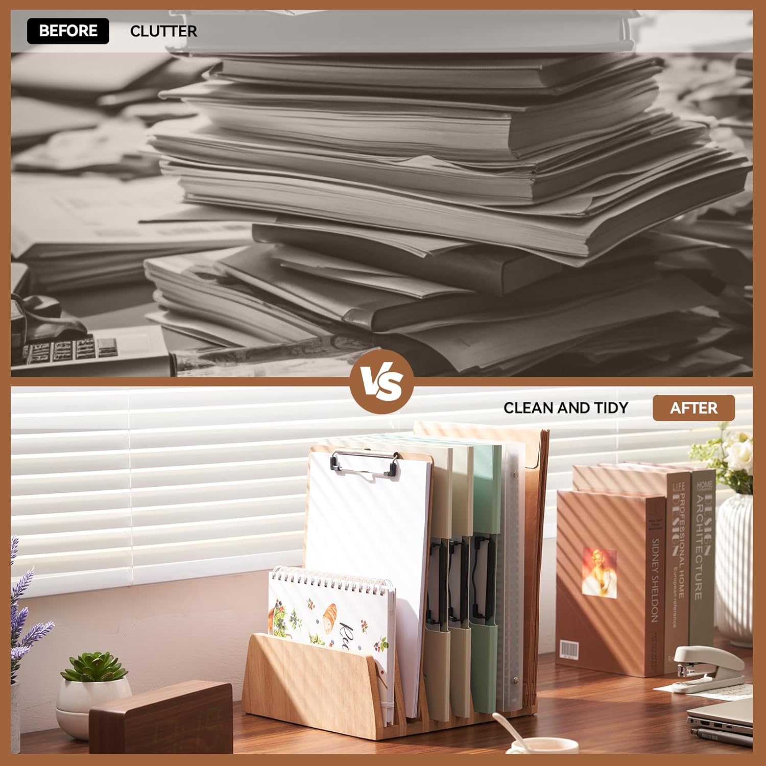 KIRIGEN Desktop File Document Holder Stand 7 Slots Mail Paper Organizer Desk Sorter Holder for File Document Organizer Stand for Home Office Natural (7KWJJ-NA)