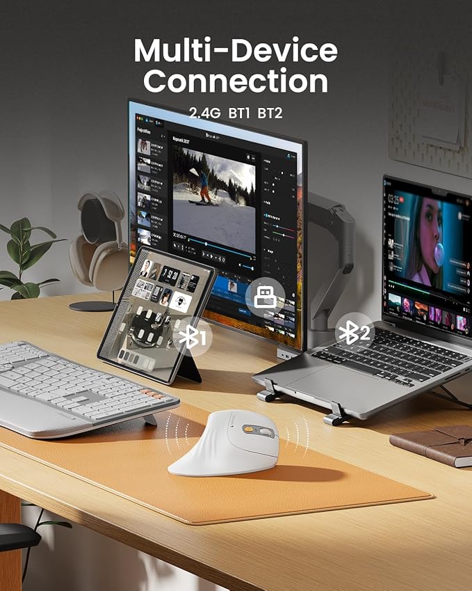 ProtoArc Ergonomic Vertical Mouse, EM11 NL Rechargeable Wireless Mouse Bluetooth, Ergo Mice with 3 Multi-Device for PC/Notebook/Laptop, 2.4GHz Optical Mice for Windows, Mac OS, White