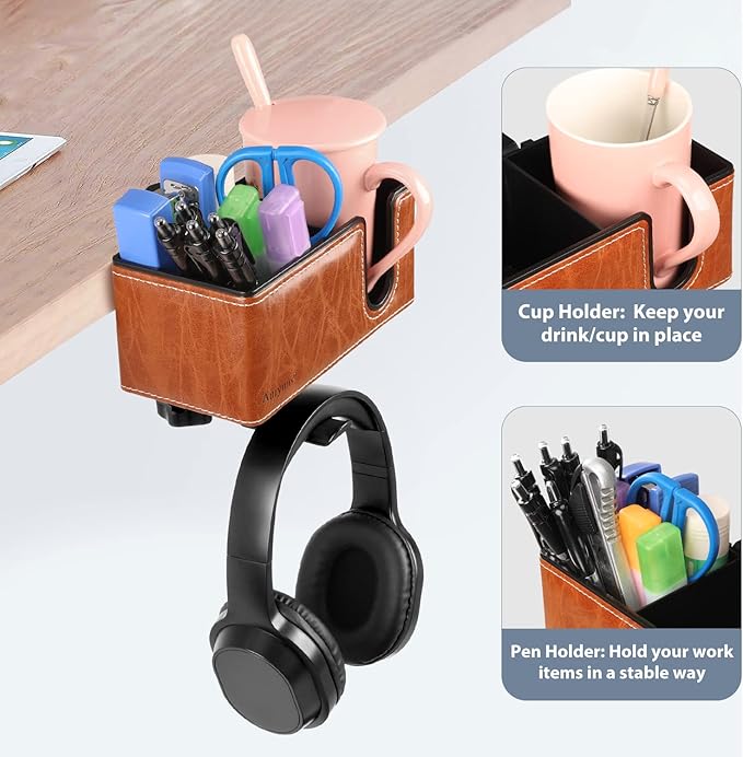 Desk Cup Holder Clip on Pen Holder Headphone Hanger Headset Stand Rotatable Clamp Hook Under Desk (Light Brown)