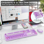 Wireless Keyboard and Mouse Set, 104 Round Keys Full-Size Cute Colorful Keyboard and Mouse with Retro Typewriter for PC/Mac/Laptop/Tablet/Computer/Windows Purple