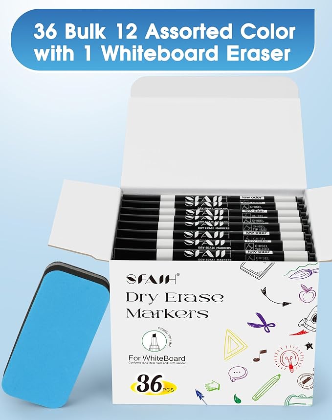SFAIH Dry Erase Markers Chisel Tip with Magnetic Whiteboard Eraser, 36 Bulk Pack Black White Board Markers for Teachers & Students, Versatile Lines, 1s Quickly Dry, Perfect for Classroom and Office