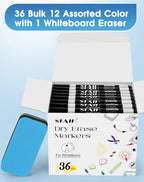 SFAIH Dry Erase Markers Chisel Tip with Magnetic Whiteboard Eraser, 36 Bulk Pack Black White Board Markers for Teachers & Students, Versatile Lines, 1s Quickly Dry, Perfect for Classroom and Office