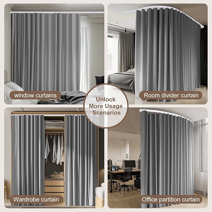 Room Divider Curtains & Flexible Bendable Tracks Set,Privacy Dividers Ceiling Track Curtain Window Blackout Curtains for Living Room Bedroom (W150 × H108 in 1 Panel Grey Drape & White Rail)