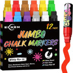 12 Colors Washable Window Markers for Cars, 15mm Jumbo Liquid Chalk Markers, 3 in 1 Nib, Metallic & Neon Paint Glass Pen for Auto, Chalkboard, Blackboard, Bistro, Menus and Any Non-Porous Surface