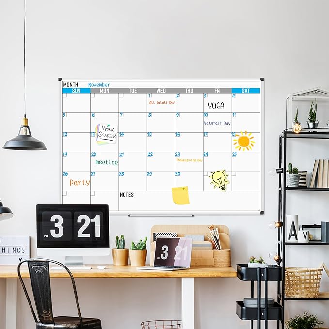 XBoard Magnetic Calendar Whiteboard 60" x 40" - Monthly Calendar Dry Erase Board, White Board + Colorful Calendar Board, Silver Aluminium Framed Monthly Planning Board