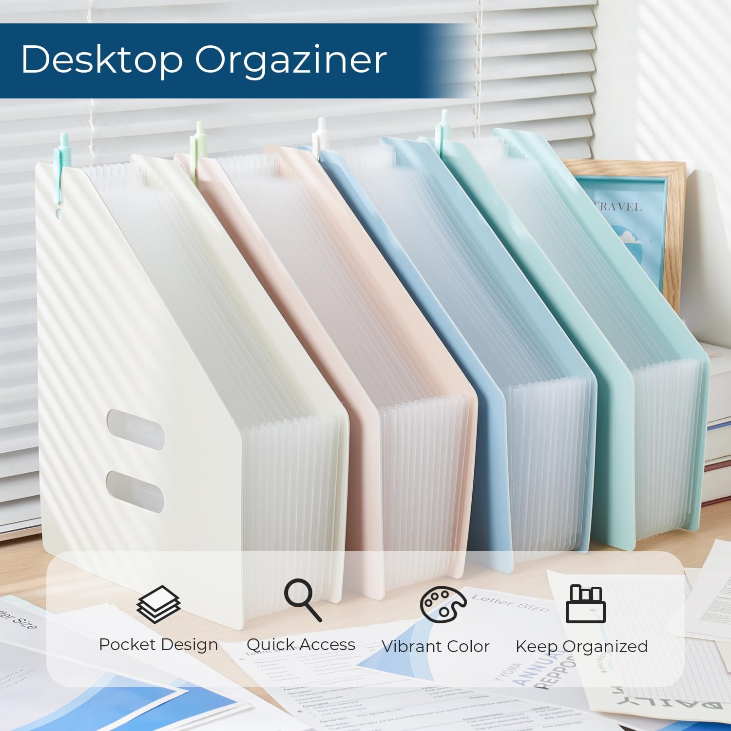 Y YOMA 2 Pack Expanding Magazine Holder with 13 Pockets | Portable Desktop Plastic Self Standing Accordion File Organizer for A4 Letter Size Document Storage Home Office School, Mint Green