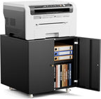 Warmiehomy Metal Printer Stand with Storage Mobile Printer Tables for Small Spaces with Door Adjustable Shelf File Cabinet on Wheels for Home Office (Black)