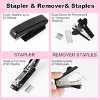 Black Desk Organizers and Accessories 10Pcs Set with 360-Degree Rotating Pen Holder, Tape Dispenser, Stapler, Staple Remover, 1000 Staples, Tape, Clips Set, Ruler, Scissor, Pen (Black)