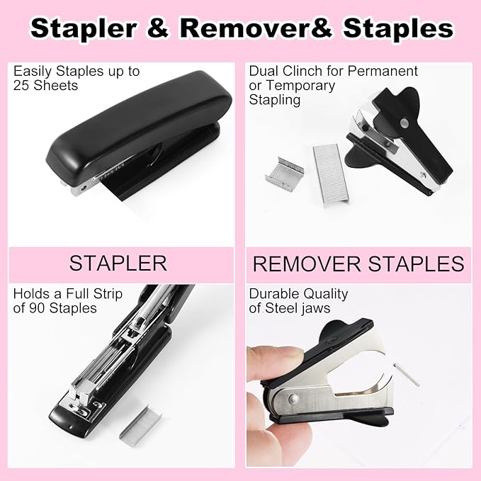 Black Desk Organizers and Accessories 10Pcs Set with 360-Degree Rotating Pen Holder, Tape Dispenser, Stapler, Staple Remover, 1000 Staples, Tape, Clips Set, Ruler, Scissor, Pen (Black)