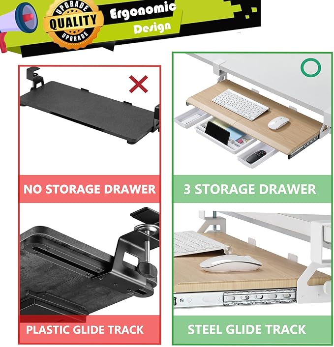 ETHU Keyboard Tray Under Desk, Pull Out Keyboard & Mouse Tray with C-clamp, Ergonomic Desk Keyboard Tray Slide Out, Pull Out Platform Drawer for Home and Office（Oak）