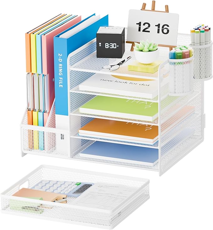 Lavatino Desk Organizer with File Holder, 5-Tier Paper Letter Tray Organizer with Sliding Drawer and 2 Pen Holder, Mesh Desktop File Organizer for Office Supplies, White