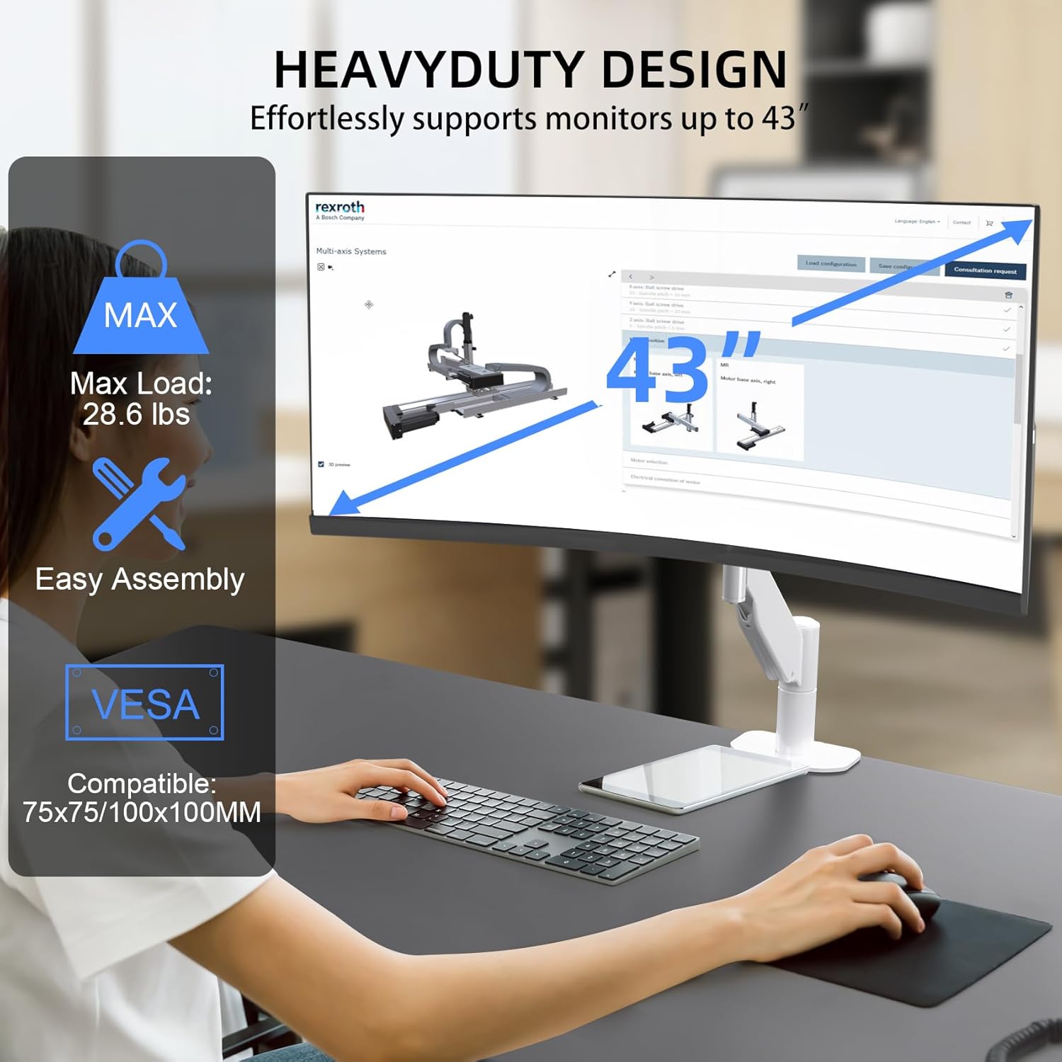 Suptek Single Monitor Mount,Ultrawide Monitor Arm Mount Single Desk Mount for 17 to 43 inch Curved Screen,Holds 28.6 lbs,Pneumatic Height,75/100 Vesa Mount,White(MD71MW)