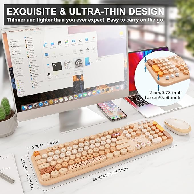 FOPETT Wireless Keyboard and Mouse Combo - 2.4G Full-Sized Cute Colorful Retro Keyboard with Round Keycaps 104 Keys Typewriter Keyboard for Laptop/Windows/PC - Milk Tea Colorful
