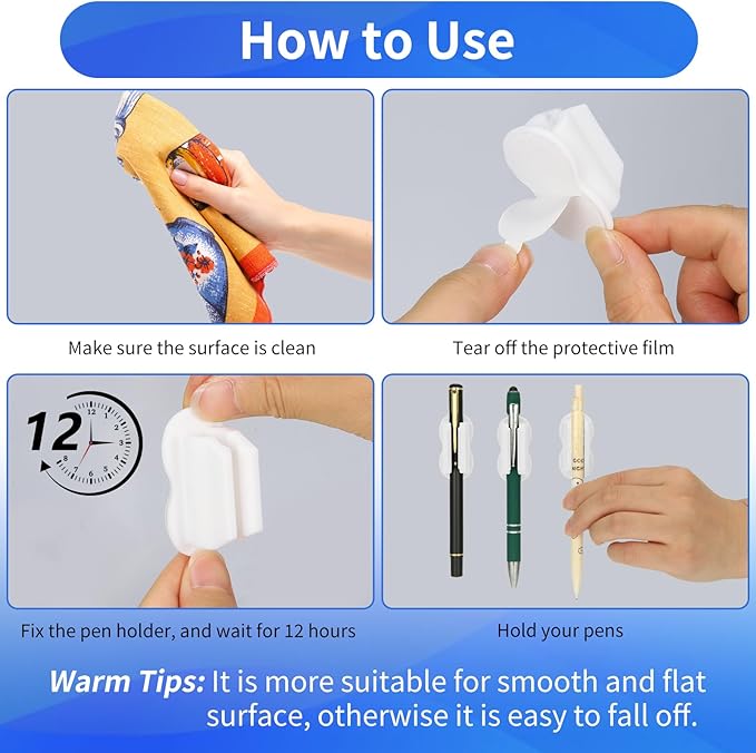 12PCS Pen Holder for Desk, Upgraded Adhesive Pen Pencil Holder for Desk Wall Clipboard Car Silicone Pens Markers Pencils Organizer Teacher Supplies Office Supplies (12PCS White)