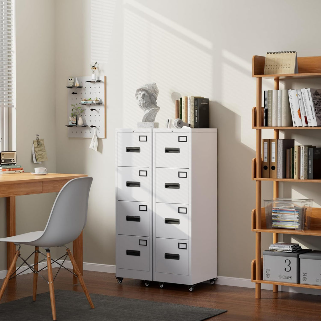 METAN 4 Drawer Vertical File Cabinet on Wheels, Lockable Office Files Storage Cabinet with Handle and Name Card,Mobile Storage Cabinet for Office and Home,Assembly Required,White