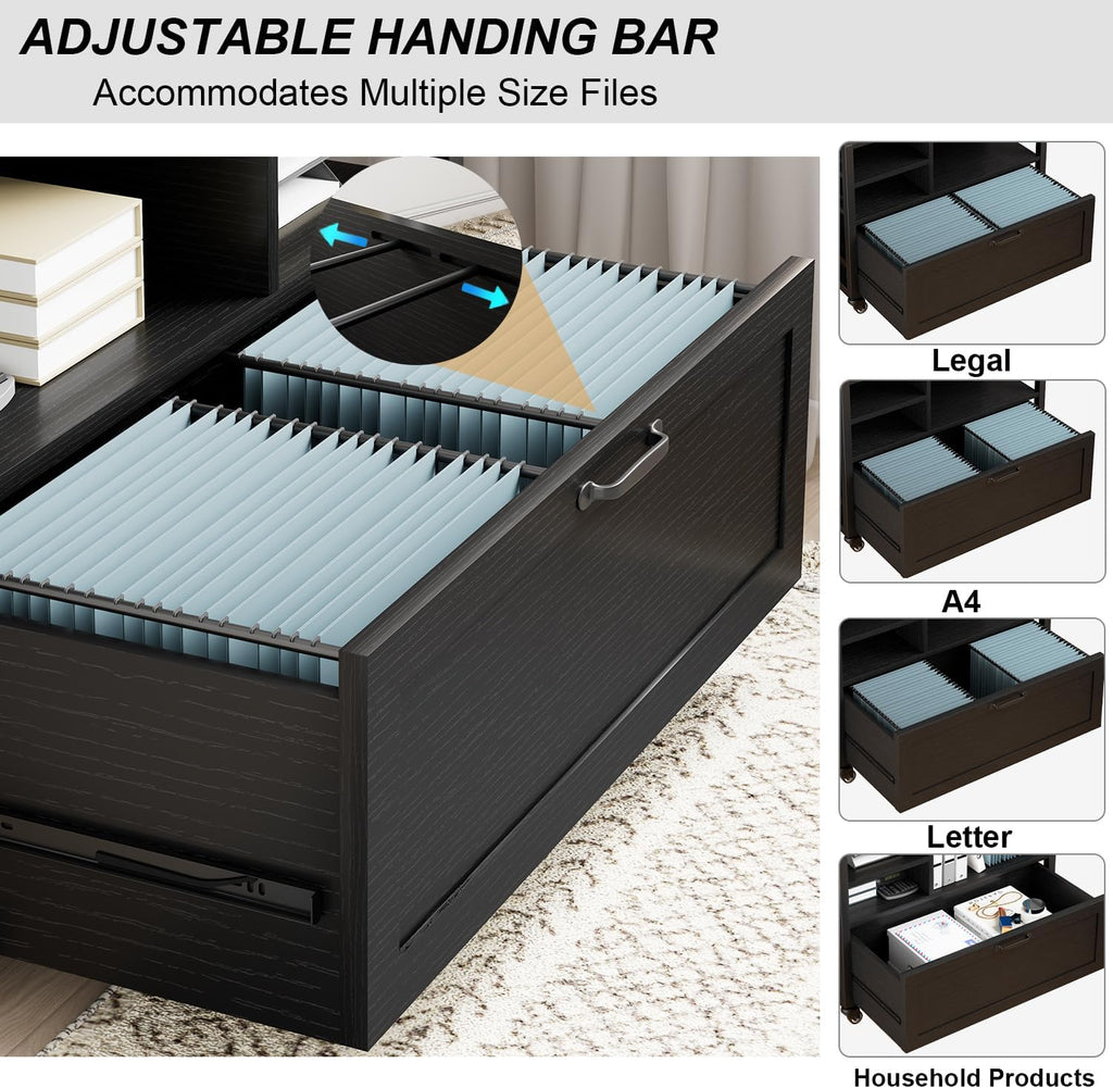 HSH Rolling Lateral File Cabinet with Storage Drawer, Black Mobile Filing Cabinet for Legal/Letter Size, Wood Metal Printer Stand with Shelves, Wheels & Hanging File Folder for Home Office Desk, 33 In