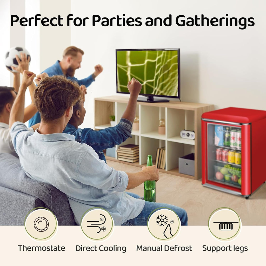 3.4 Cu.Ft Retro Small Beverage Refrigerator Cooler with Double Tempered Glass Door, 120 Can Wine Drink Beer Mini Fridge for Office Bedroom Bar with 7 Temperatures, Adjustable Shelves, Red