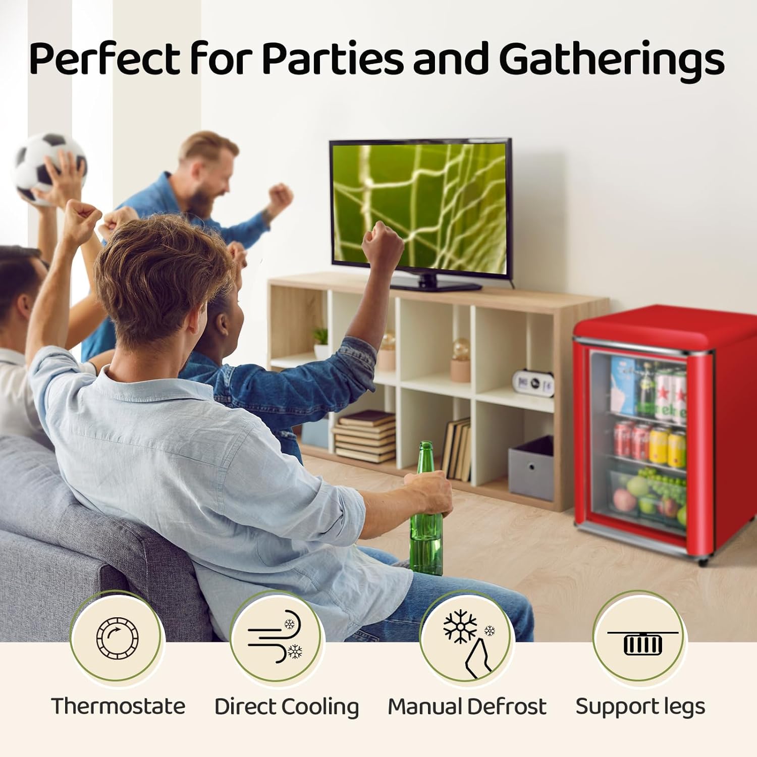 3.4 Cu.Ft Retro Small Beverage Refrigerator Cooler with Double Tempered Glass Door, 120 Can Wine Drink Beer Mini Fridge for Office Bedroom Bar with 7 Temperatures, Adjustable Shelves, Red