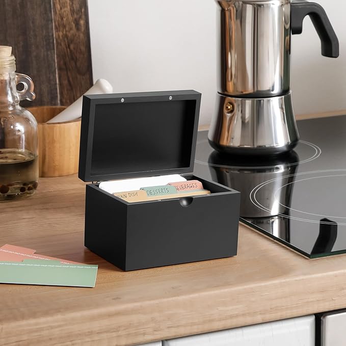 DRASTAR Index Card Holder 3x5, Wooden Index Card Organizer Box with 45 Index Card Dividers, Flashcard Notecard Holders for Home Office, Black