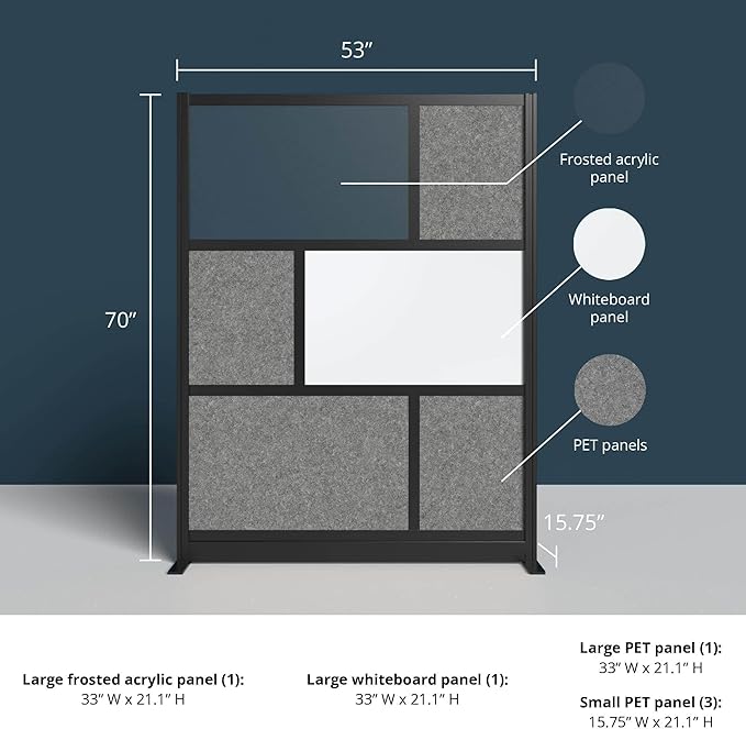 Workflow Modular Wall | Room Divider with Whiteboard, Sound-Dampening, & Frosted Acrylic Panels | Expandable Office Partition for Privacy & Productivity (53" x 70")