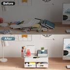 Marbrasse 3 Tier Mesh Desk Organizer with Drawer, Multi-Functional Desk Organizers and Accessories, Paper Letter Organizer with 2 Pen Holder for Home Office Supplies - White